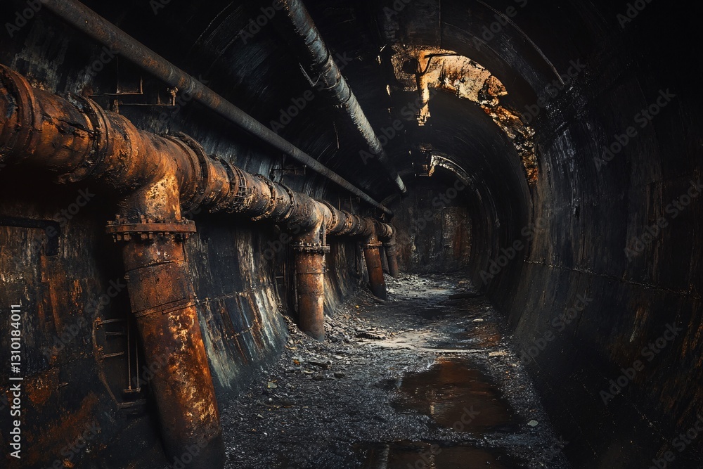 Naklejka premium Exploring abandoned industrial tunnels urban environment photography dark atmosphere wide angle mystery