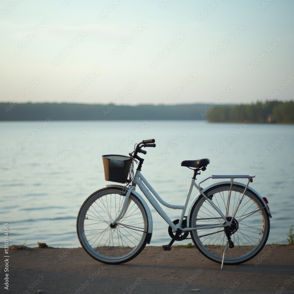 Obraz premium A white bike stands by a rippling lake, clean minimal design with cool hues, great for elegant nature shots.