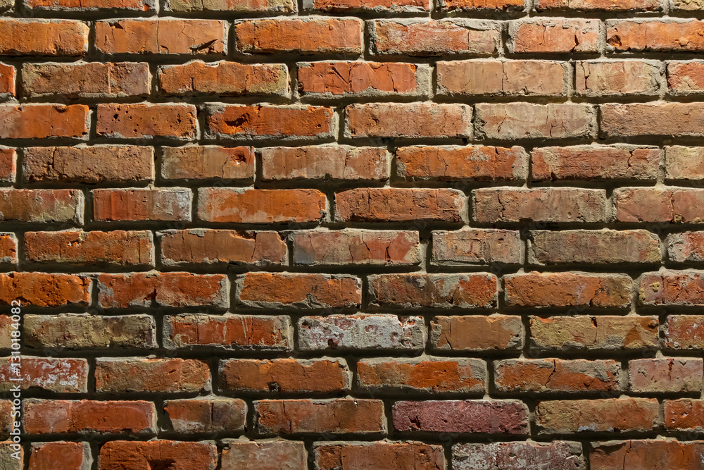 Fototapeta premium Red brick wall with textured surface relief. Brickwork close-up, natural background