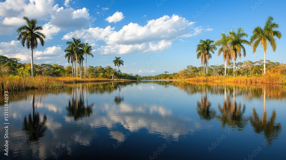 Tropical lagoon reflecting clouds and palms Tropical lagoon reflecting clouds and palms