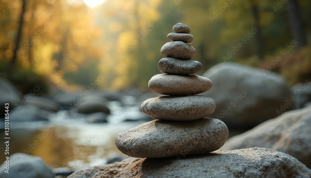 Lopsided stone balanced on bigger rock with river, blurred forest background. Balance stones symbolize harmony, zen, meditation. Stacked pebbles outdoors, nature provides spiritual stability, Lopsided stone balanced on bigger rock with river, blurred forest background. Balance stones symbolize harmony, zen, meditation. Stacked pebbles outdoors, nature provides spiritual stability,