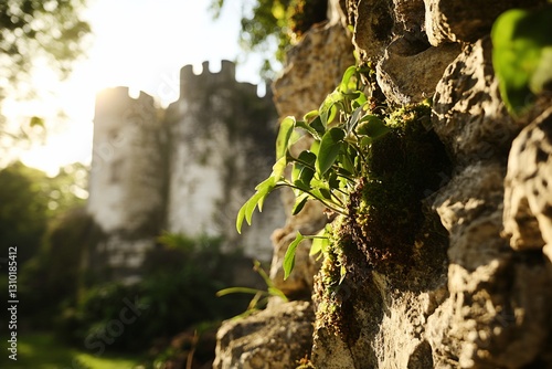 Sunlit plant sprouting from ancient stone wall, castle backdrop photo