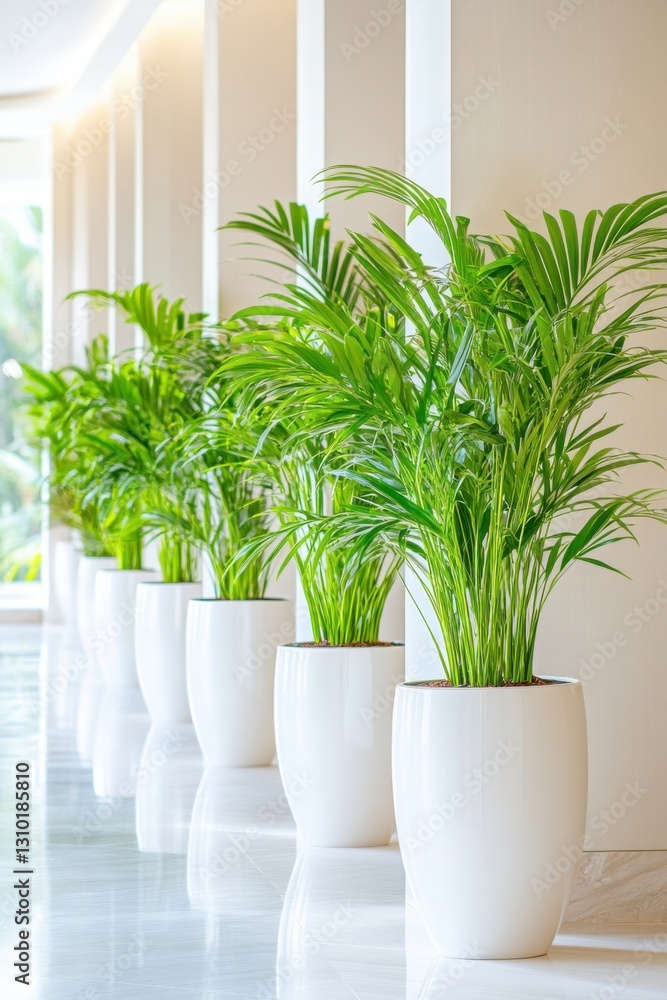 Fototapeta premium Modern minimalist hotel lobby featuring a vertical garden with lush tropical plants and serene ambiance created by warm lighting and marble floors