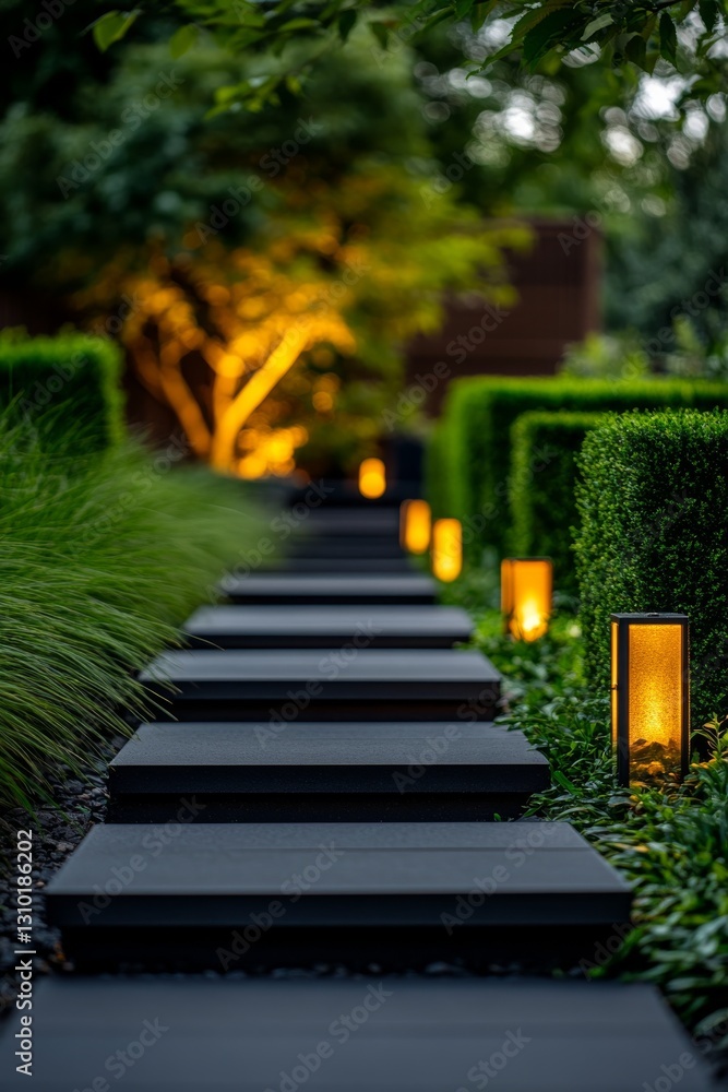 Obraz premium A beautiful pathway lined with green hedges and soft lighting. Pathway outside a home with contemporary landscaping.