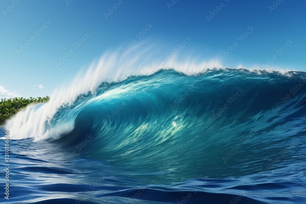 surfer riding a large wave in the ocean with a small island in the background surfer riding a large wave in the ocean with a small island in the background