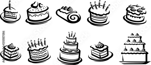 Black and White Cake and Pastry Illustrations Vector Art Set