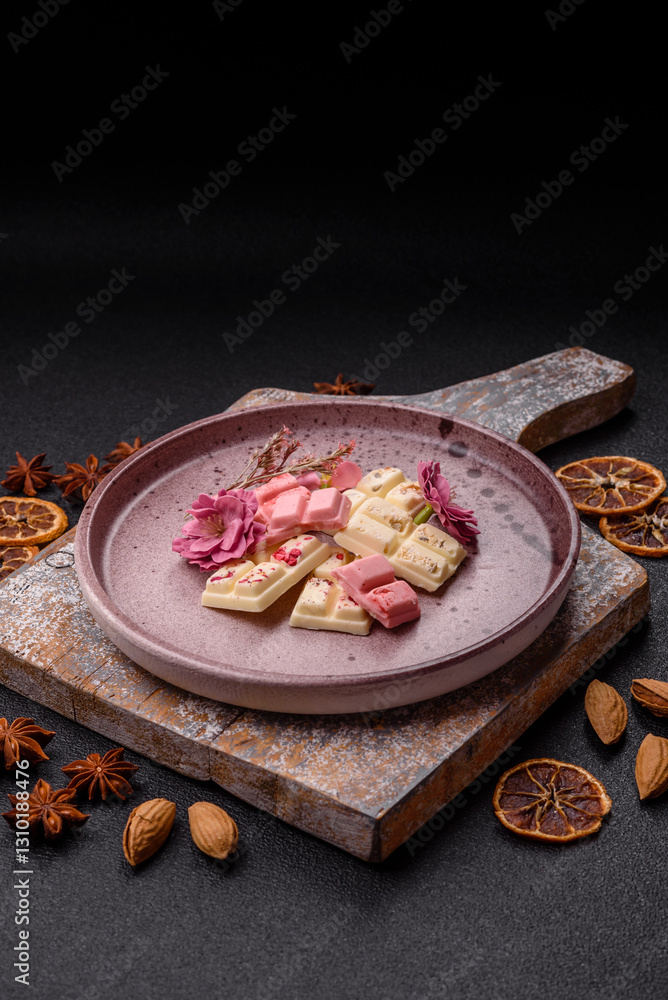 Fototapeta premium Multicolored handmade chocolate bars pink, white, brown colors