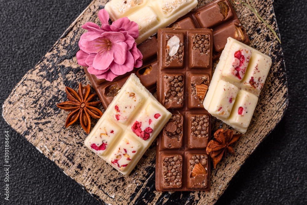 Fototapeta premium Multicolored handmade chocolate bars pink, white, brown colors