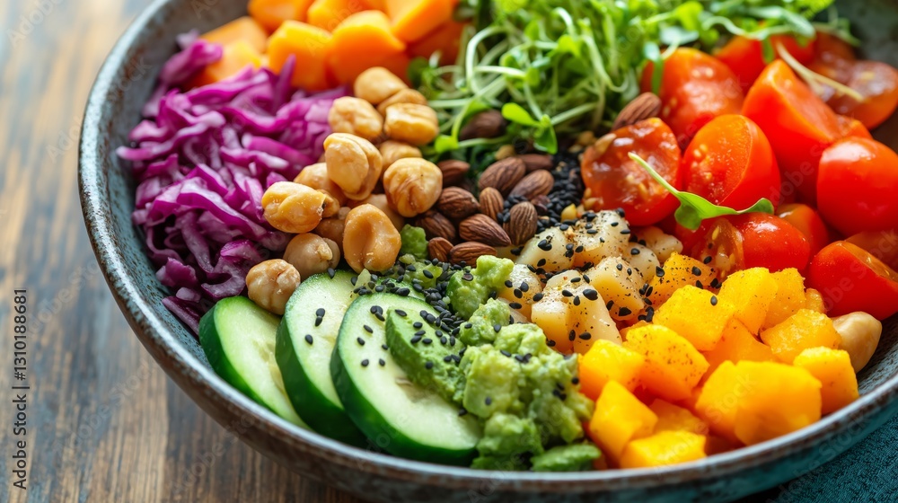 Fresh and colorful salad bowl filled with healthy vegetables and nuts Fresh and colorful salad bowl filled with healthy vegetables and nuts