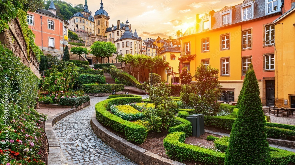 Obraz premium Colorful European Town Sunset Garden Path