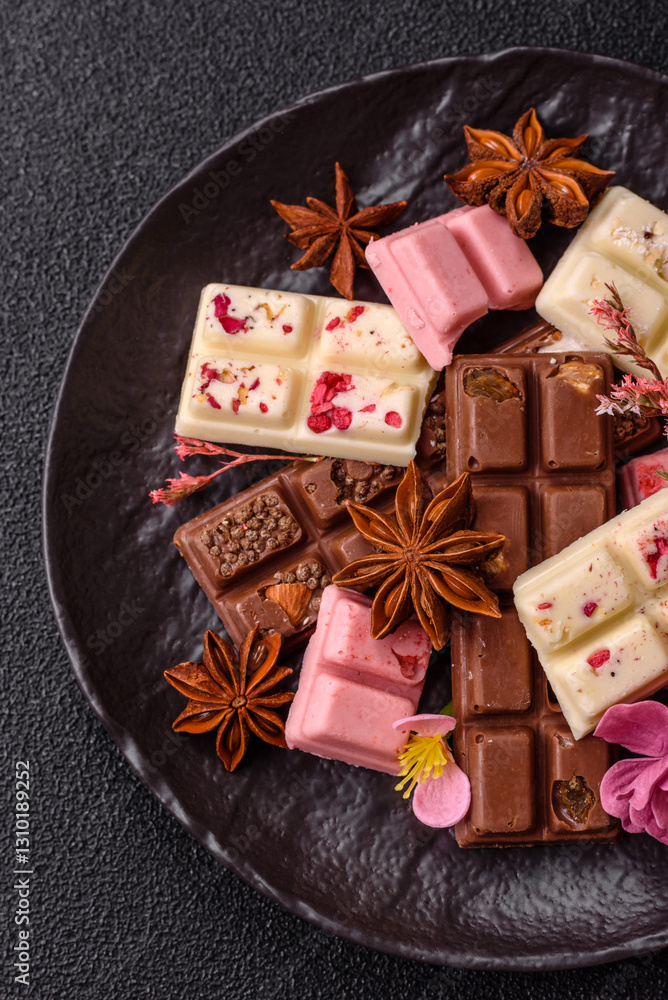 Fototapeta premium Multicolored handmade chocolate bars pink, white, brown colors