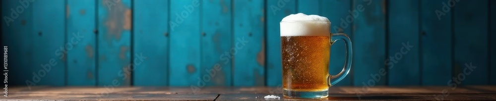 Cold beer, condensation, blue wall backdrop, rustic wood, liquid, beer, drinkware Cold beer, condensation, blue wall backdrop, rustic wood, liquid, beer, drinkware
