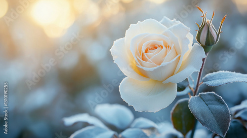 White rose bush covered in morning frost, delicate and ethereal mood, in a cold winter garden setting with soft sunlight filtering through, close-up shot