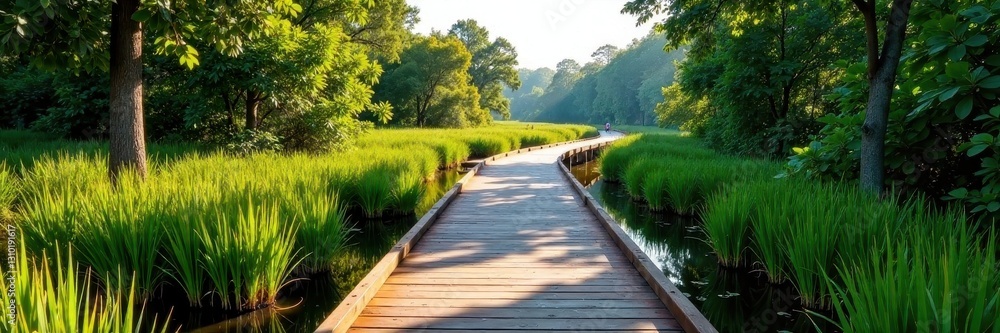 Elevated boardwalk meanders through vibrant wetlands , birds, grass Elevated boardwalk meanders through vibrant wetlands , birds, grass
