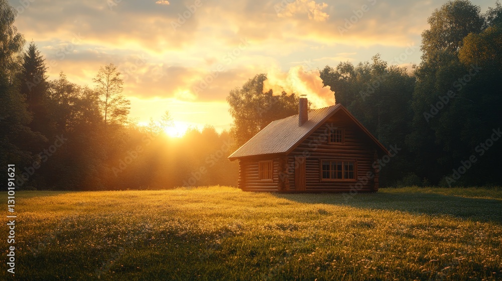 Cozy Log Cabin in Countryside with Sunset Glow Cozy Log Cabin in Countryside with Sunset Glow