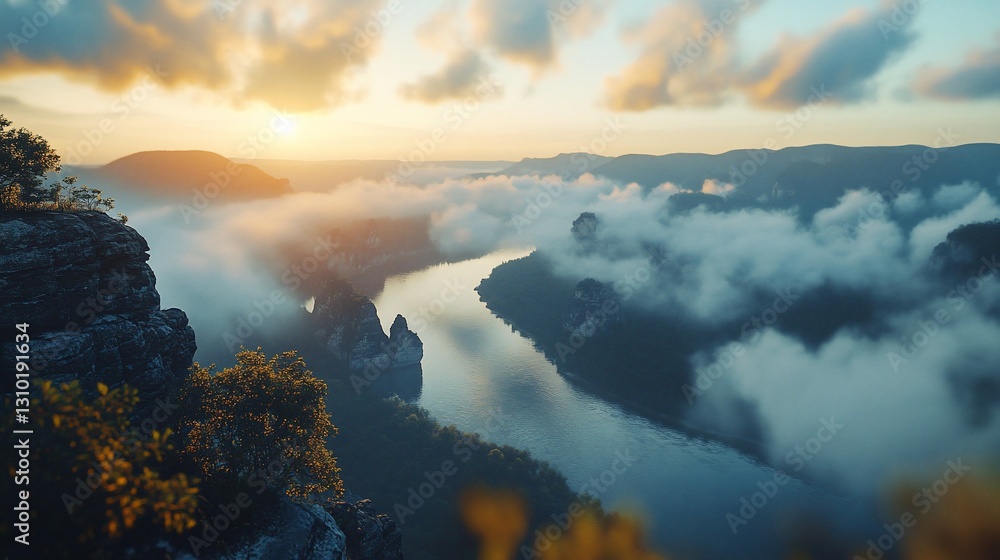 Fototapeta premium Sunrise over misty river valley, dramatic cliffs (1)