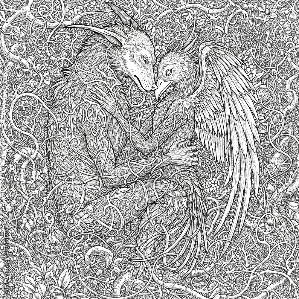 Naklejka premium Where darkness dances with wonder. Explore a world of strange beasts and hidden magic in this captivating coloring book page.