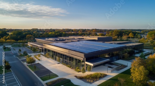 Wallpaper Mural Aerial view of a large data center facility with solar panels on the roof, set against a suburban landscape Torontodigital.ca