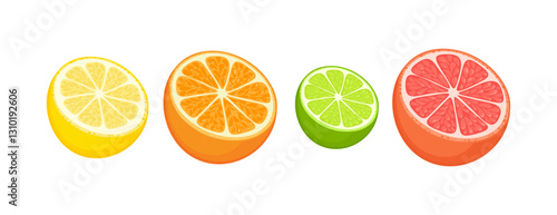 Lemon, lime, orange and grapefruit cut in half. Citrus fruits set. Vector cartoon flat illustration.
