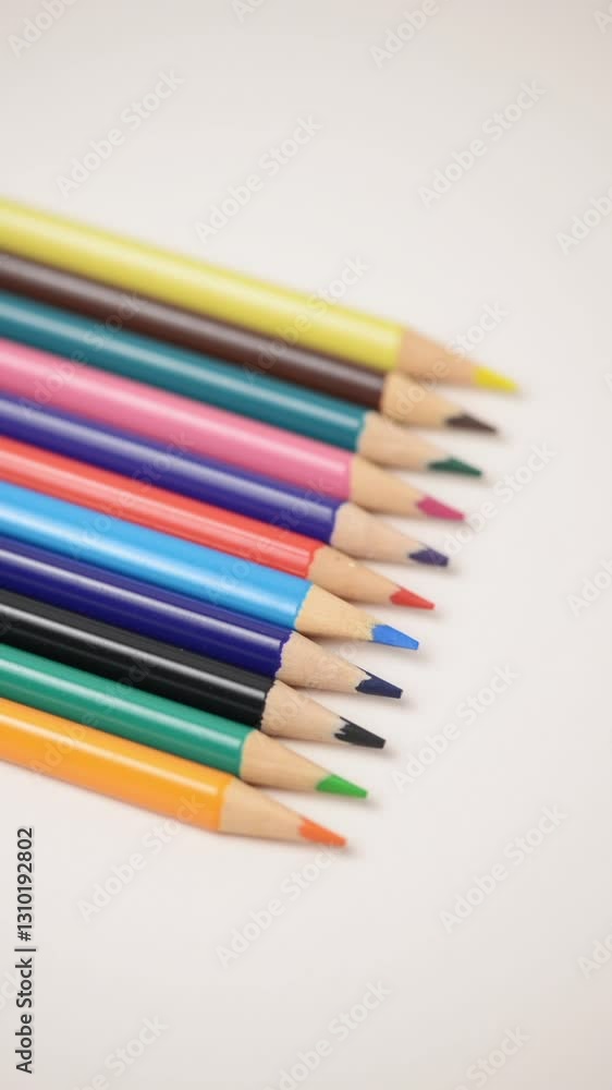 Close-up of colored crayons, wooden pencils on white background, rotating in motion vertical video Close-up of colored crayons, wooden pencils on white background, rotating in motion vertical video