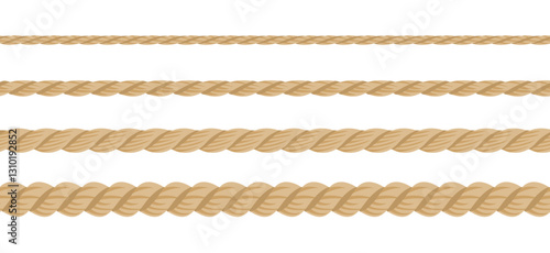 Seamless ropes of different thickness. Set of hemp or cotton cords isolated on white background. Vector cartoon flat illustration.