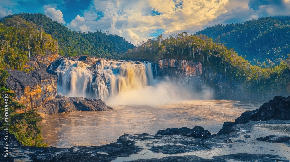 Fototapeta premium Rainforest Waterfall Cascading Over Rocks into Pool, Dramatic Sky