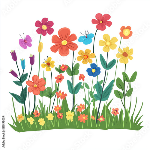 A vibrant flowerbed filled with colorful flowers, lush green leaves, and butterflies, creating a lively and cheerful garden scene