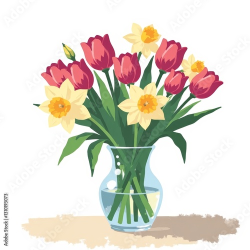Wallpaper Mural Vibrant Spring Bouquet of Tulips and Daffodils in Glass Vase, Minimalist Flat Color Illustration, Copy Space for Text Torontodigital.ca
