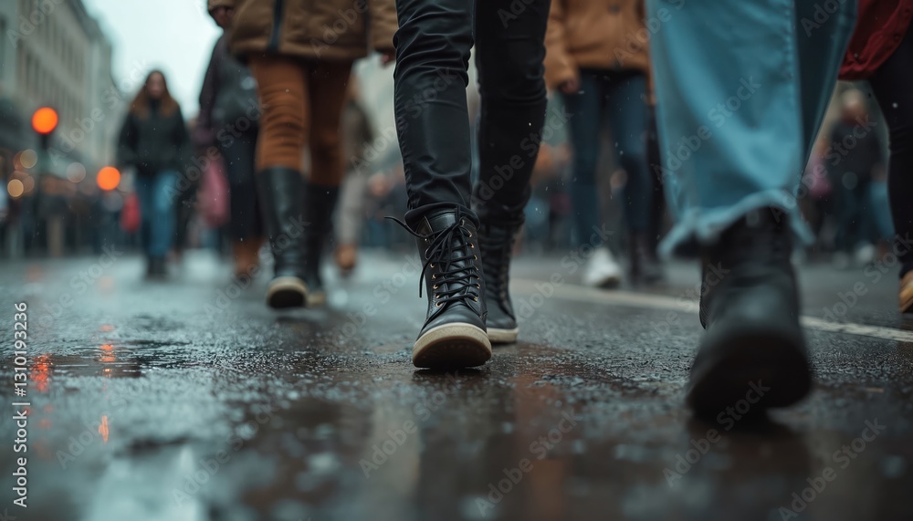 Fototapeta premium Close-up diverse women legs walking down city street. Group march on wet road in protest symbolizing movement, unity and women empowerment. Black boots and jeans march along street.