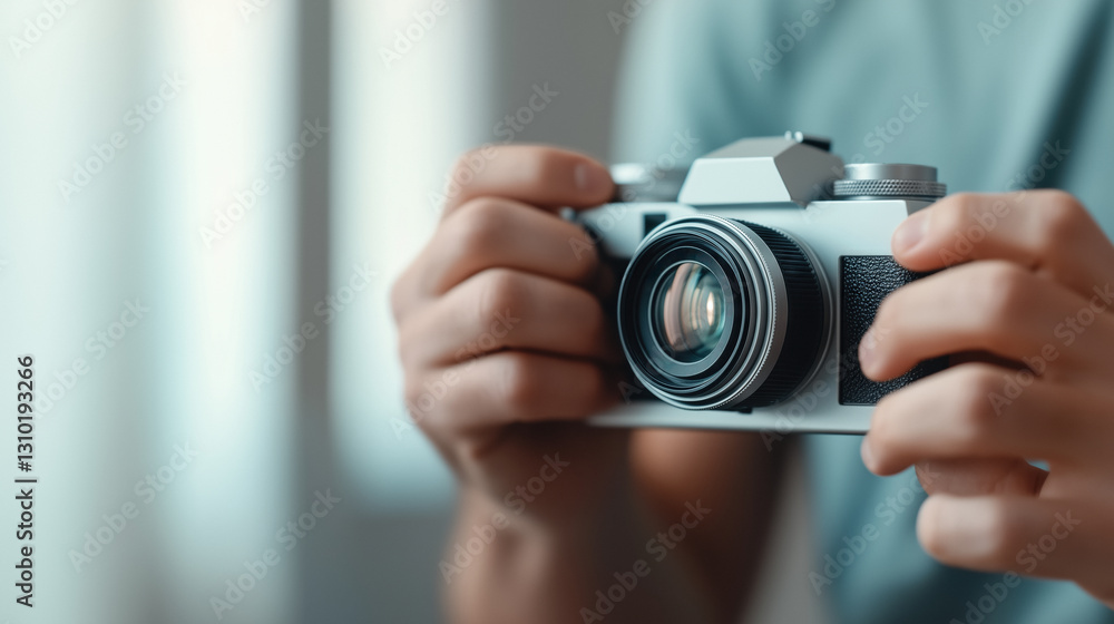 Close-up of a photographer's hands adjusting the focus on a vintage camera, showcasing the photographer's precision and attention to detail Close-up of a photographer's hands adjusting the focus on a vintage camera, showcasing the photographer's precision and attention to detail
