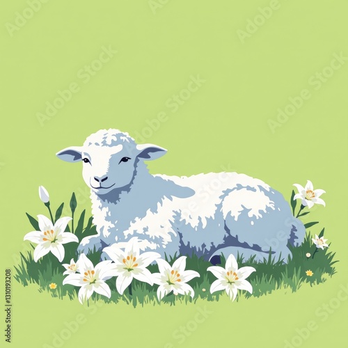 minimalist stone lamb statue with easter lilies flat illustration for blog posts and social media photo