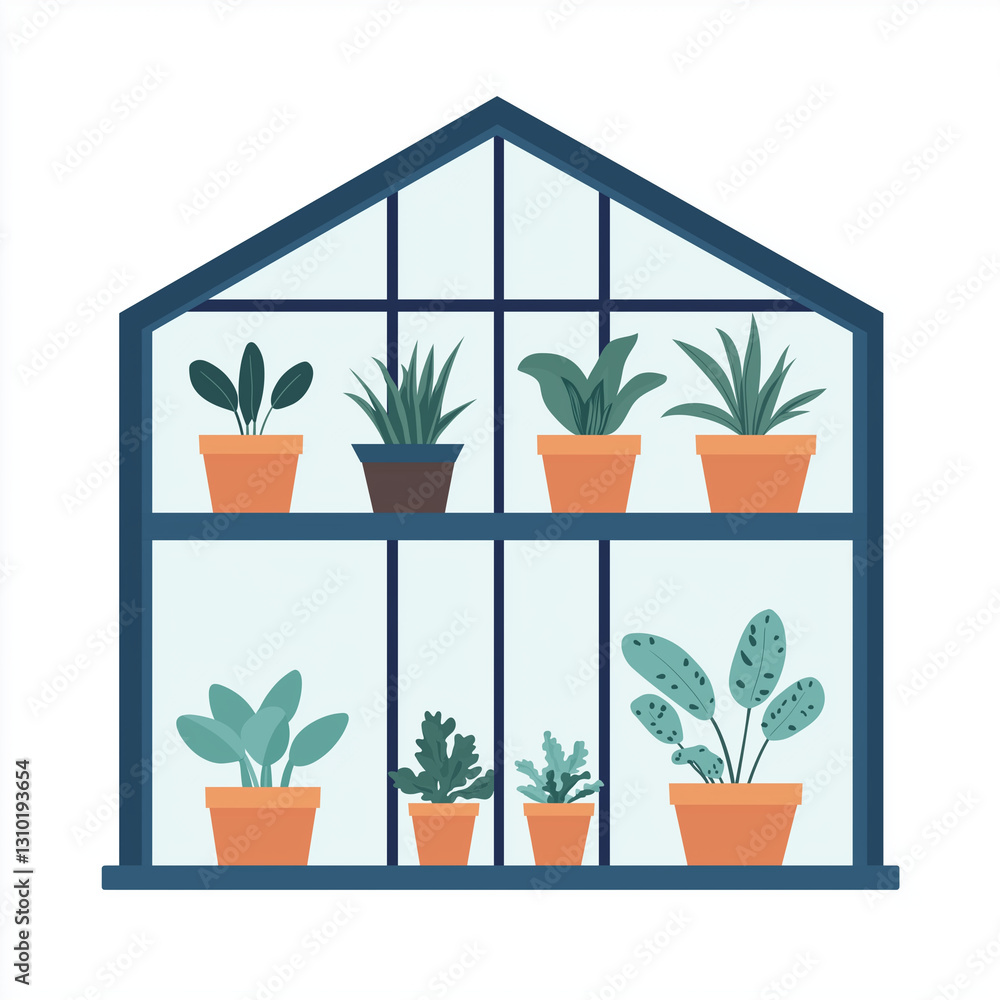 A minimalistic greenhouse window featuring potted plants on shelves, creating a clean and stylish plant arrangement A minimalistic greenhouse window featuring potted plants on shelves, creating a clean and stylish plant arrangement