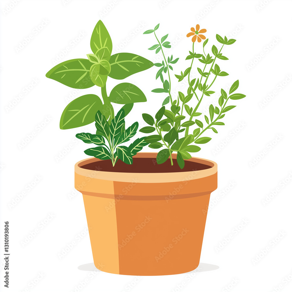 A small terracotta pot filled with fresh green herbs, including basil and thyme, creating a perfect mini herb garden for home kitchens A small terracotta pot filled with fresh green herbs, including basil and thyme, creating a perfect mini herb garden for home kitchens