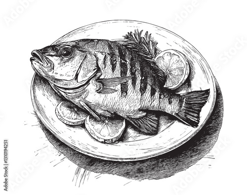 Obraz na płótnie Engraving style sketchy drawing illustration of a grilled fish served in a plate w salonie