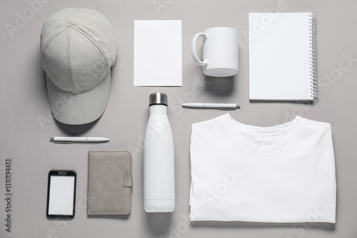 Different blank items for branding on grey background, flat lay. Mockup for design