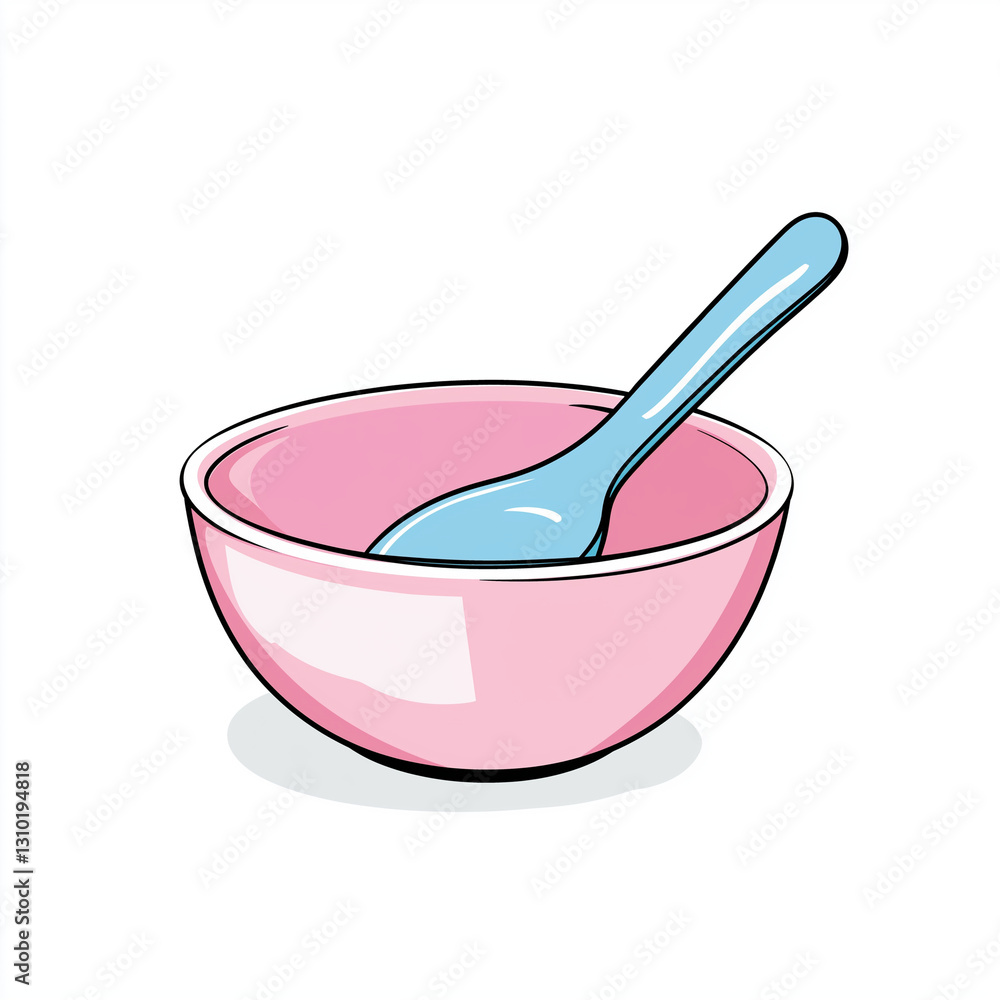 A pastel pink mixing bowl with a blue spoon, perfect for preparing meals and mixing ingredients in the kitchen. A pastel pink mixing bowl with a blue spoon, perfect for preparing meals and mixing ingredients in the kitchen.