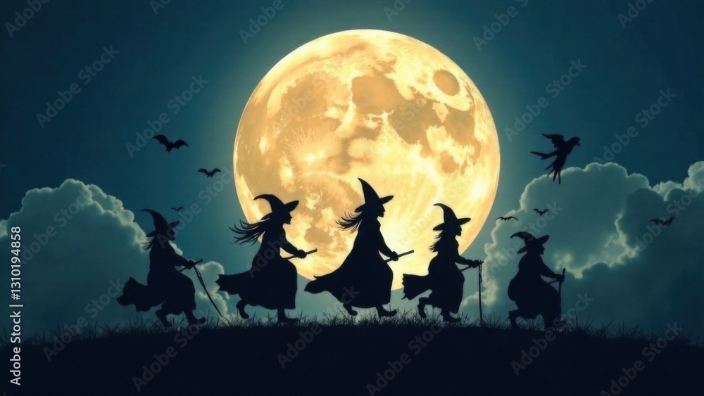 Silhouetted witches flying on broomsticks across full moon night Silhouetted witches flying on broomsticks across full moon night