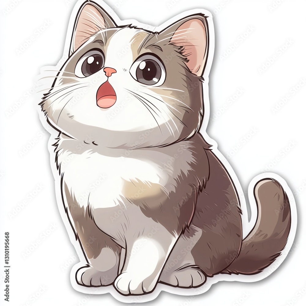 Obraz premium Adorable cartoon kitten with big, expressive eyes looks up in surprise. Its soft fur is a mix of white, gray, and brown.