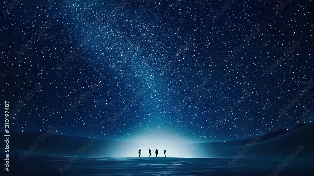 Naklejka premium A group of people gathered in the center of a desert at night, surrounded by a canvas of starry skies and a single radiant source