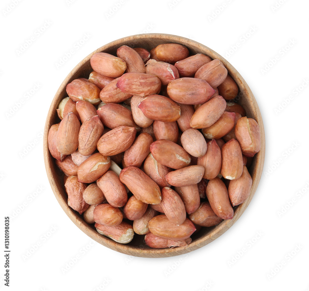 Obraz premium Fresh peanuts in bowl isolated on white, top view