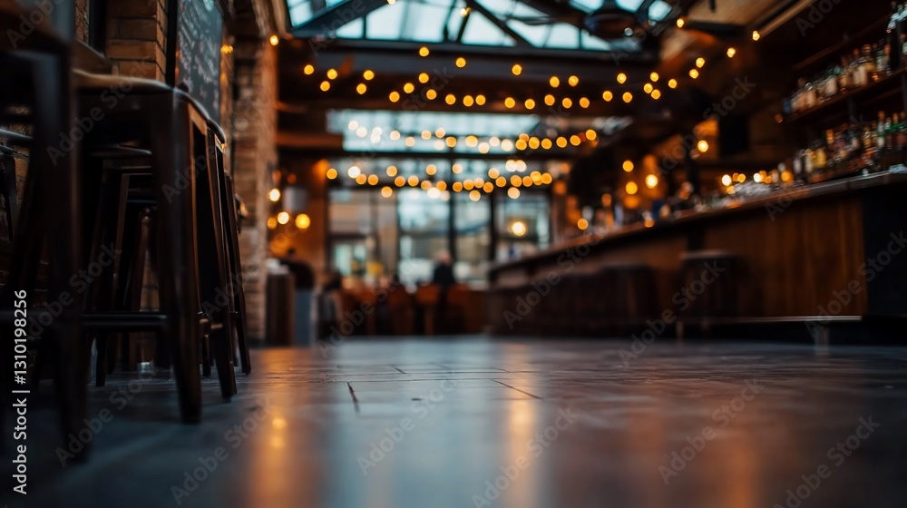 Cozy bar interior, low-angle, string lights, blurred patrons, nighttime ambiance Cozy bar interior, low-angle, string lights, blurred patrons, nighttime ambiance