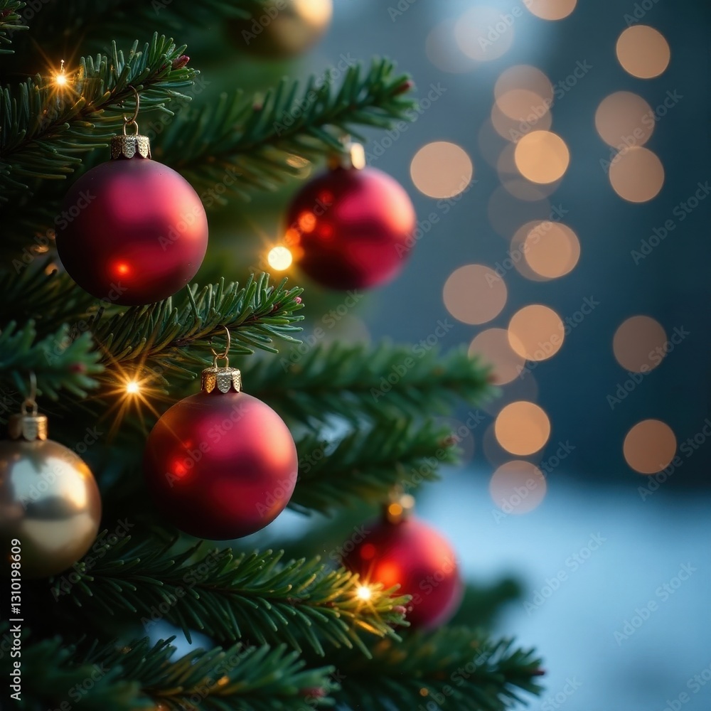 Sparkling lights on evergreen branches, decorated with baubles, nature, lights, xmas Sparkling lights on evergreen branches, decorated with baubles, nature, lights, xmas