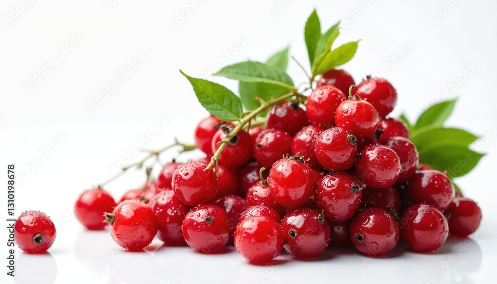 Bunch of wet red currants with green leaves on white background. Fresh juicy berries heap, raw vegan ingredient. Healthy diet concept for banner ad or magazine. Bunch of wet red currants with green leaves on white background. Fresh juicy berries heap, raw vegan ingredient. Healthy diet concept for banner ad or magazine.