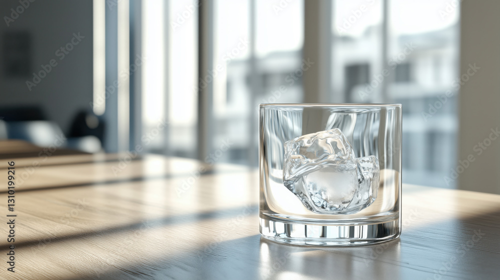 Sophisticated Glass of Vodka with Ice Resting in the Corner of a Polished Wooden Bar, Leaving Plenty of Open Space for Custom Text or Logos copy space Sophisticated Glass of Vodka with Ice Resting in the Corner of a Polished Wooden Bar, Leaving Plenty of Open Space for Custom Text or Logos copy space