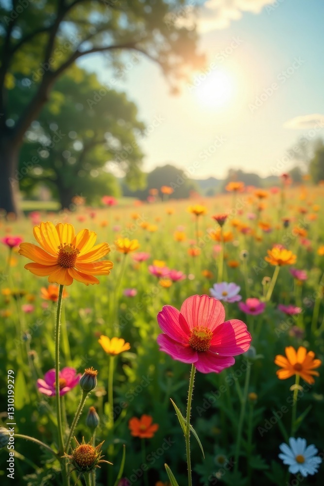 Sun-drenched meadow, wildflowers explode in color, image, spring, photography Sun-drenched meadow, wildflowers explode in color, image, spring, photography