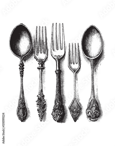 Vector illustration of a set of vintage ornate utensils