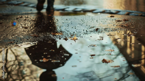 rainwater in puddles with beautiful reflections
