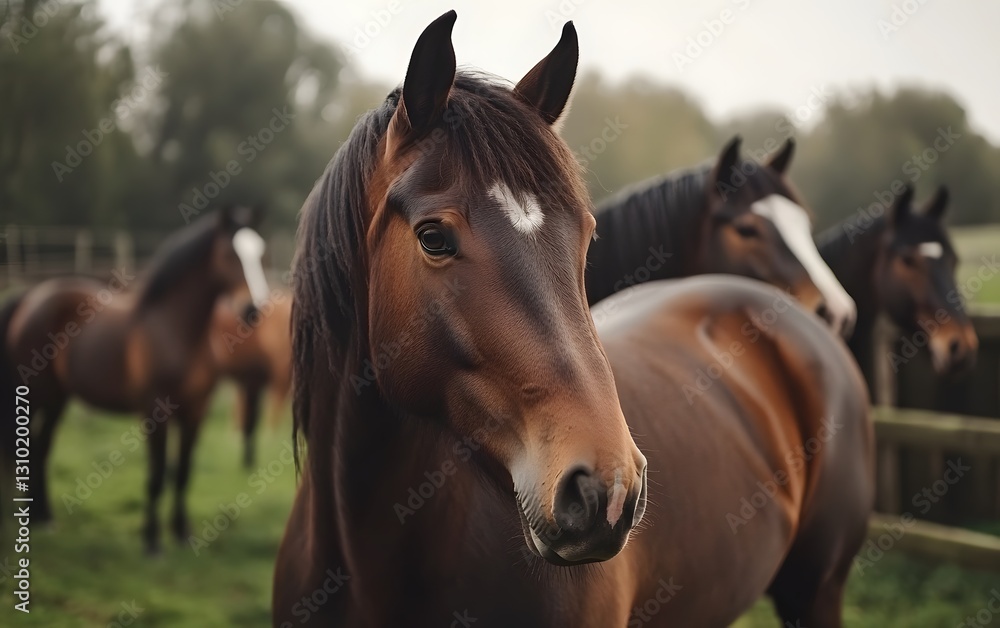 Obraz premium A close-up view of a beautiful brown horse standing in a lush green field with a group of horses in the background, showcasing nature's grace.
