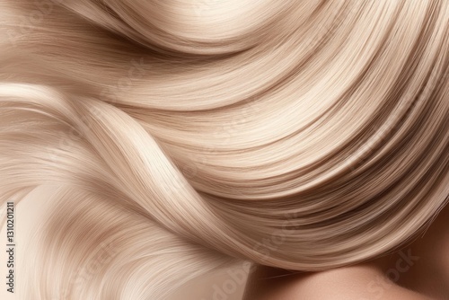 Silky strands of blonde hair cascade gracefully, showcasing flui photo