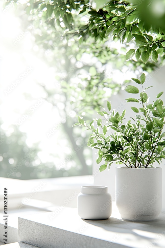 Bright indoor scene featuring lush green plants and minimalist d Bright indoor scene featuring lush green plants and minimalist d